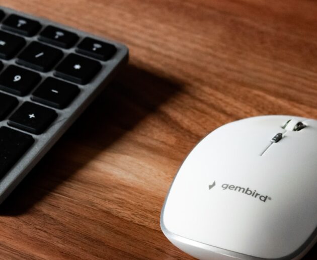 White wireless mouse beside a number pad on a wooden office desk