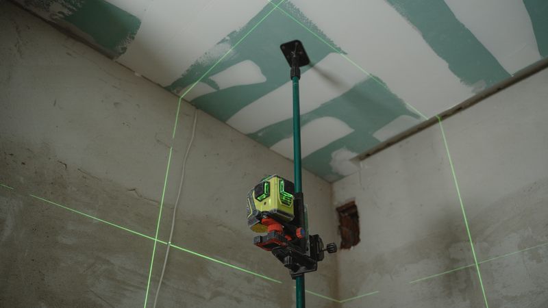Self leveling cross line laser on a tripod projecting green horizontal and vertical lines across a room