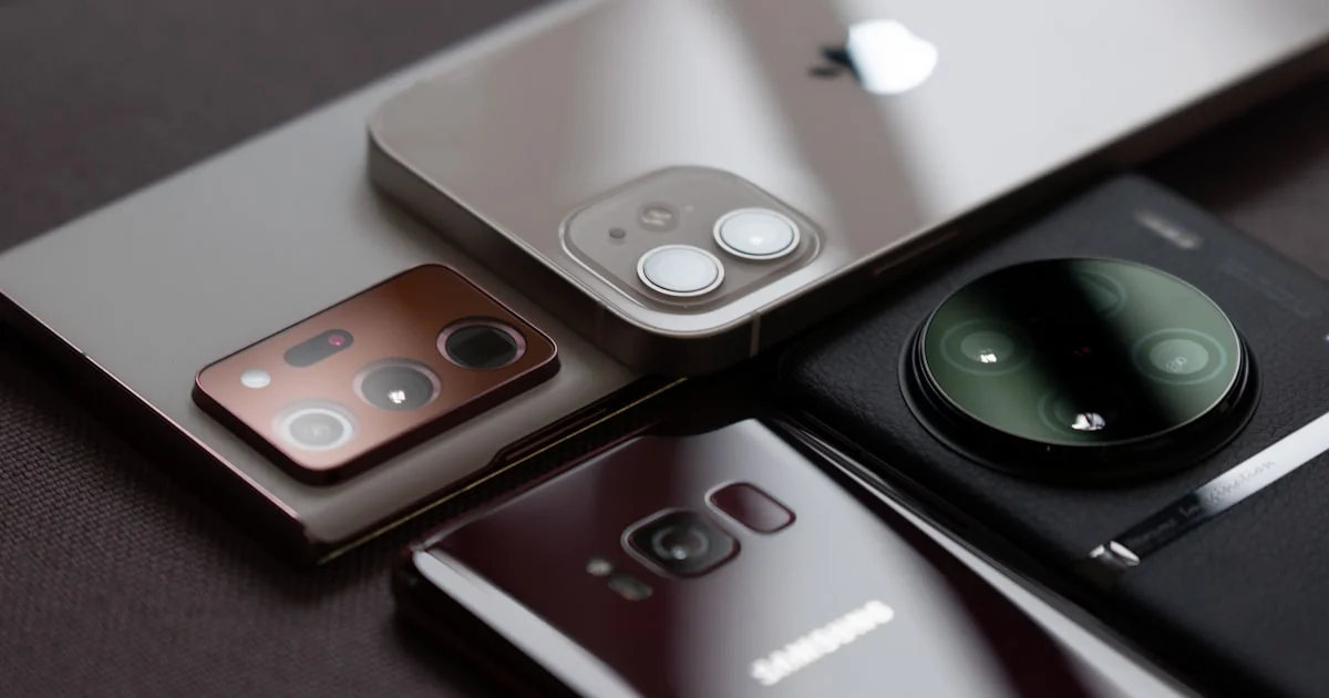 Several budget smartphones laid side by side on a table for comparison
