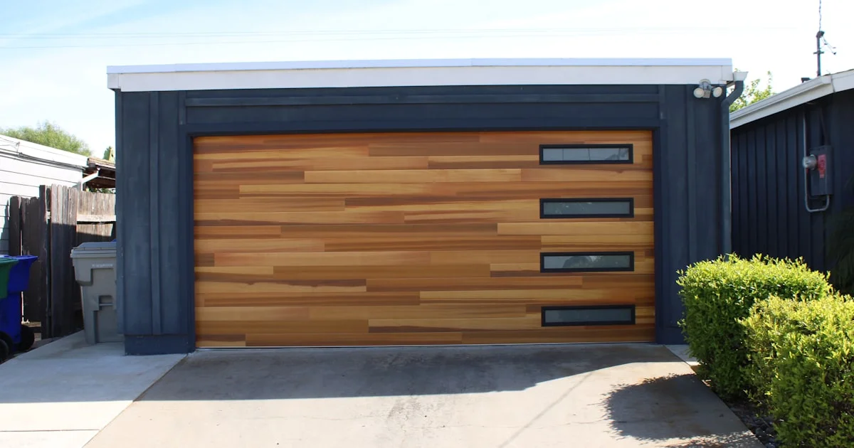 Modern wood-panel residential garage door, the kind a best smart garage door opener controls