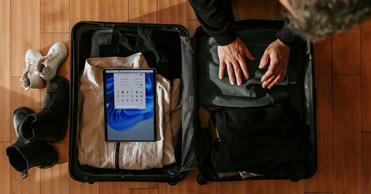 Overhead view of a traveler packing a suitcase before weighing it with a luggage scale