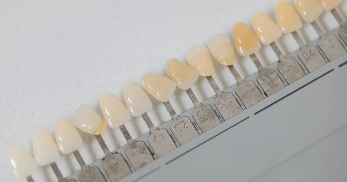 A dental shade guide of tooth color tabs, how results from the best teeth whitening kit for sensitive teeth are measured