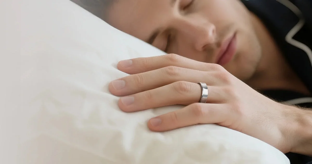 Man asleep on a pillow wearing a RingConn smart ring for sleep tracking