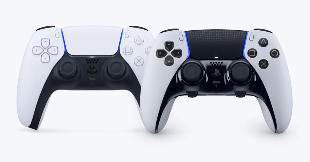 Two white PlayStation DualSense wireless controllers side by side, the second player a console gaming subscription for console gaming has to reach