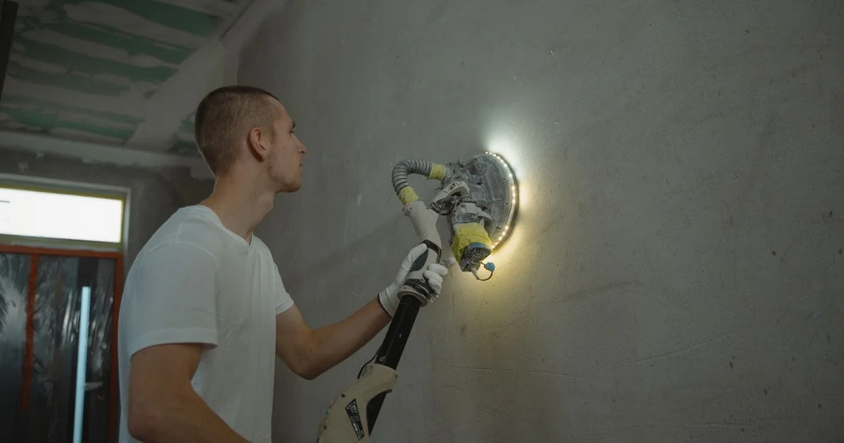 A drywall sander with its dust-extraction hose attached running along an interior wall, the kind of job power tools for diy home projects are bought for